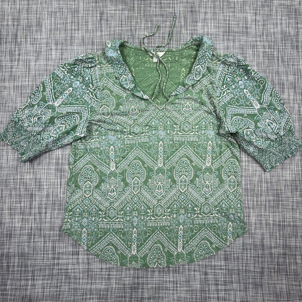 Lucky Brand Women Blouse L Green Paisley Puff Sleeve Tie Neck Cotton Modal Boho